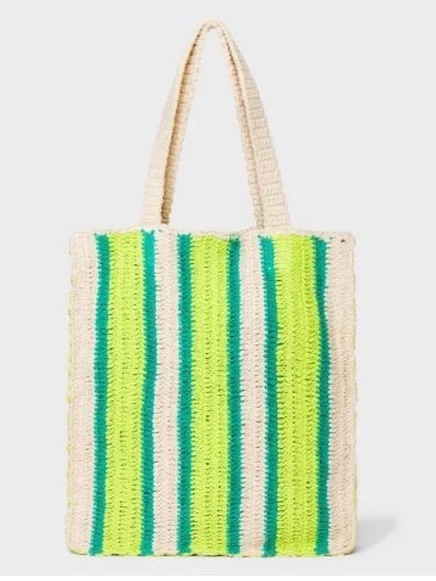 Universal Thread Crochet Tote Handbag Green Striped Beach Vacation Summer New